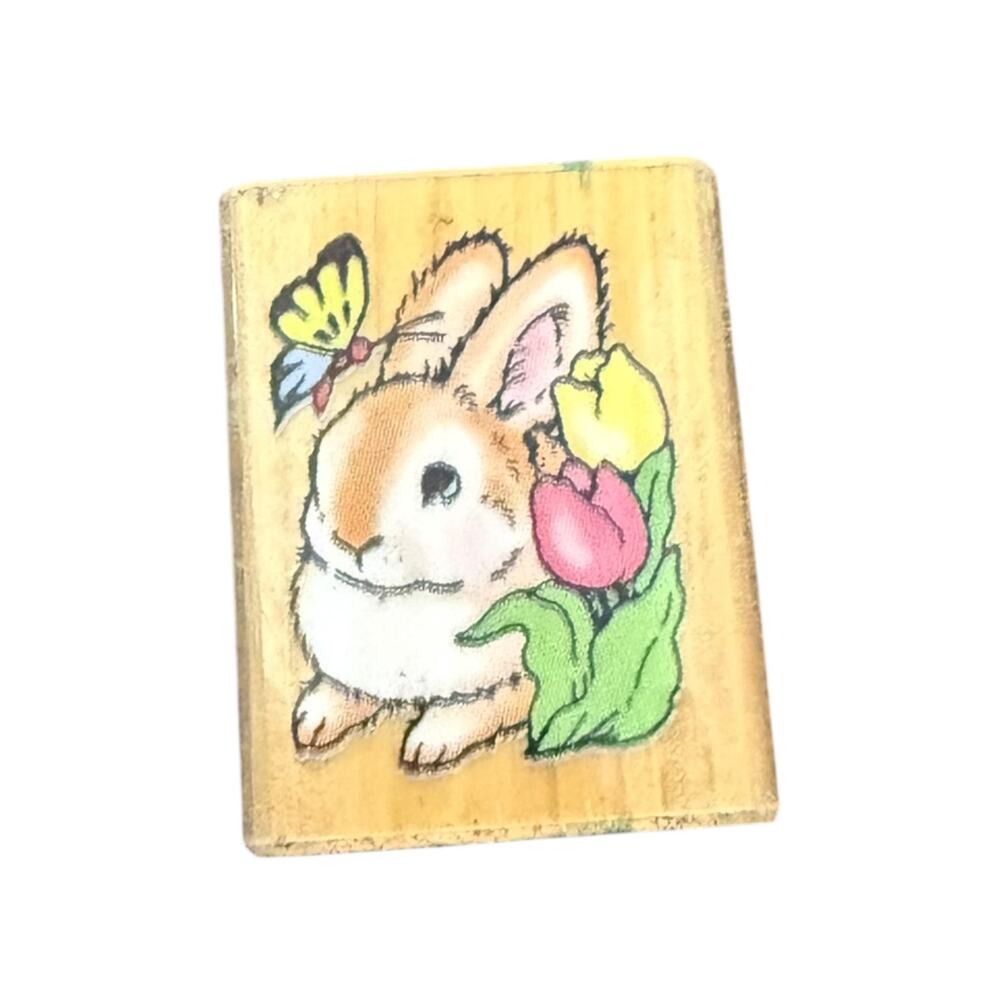 Noteworthy 1997 Bunny Rabbit With Butterfly Tulip Flowers Rubber Stamp